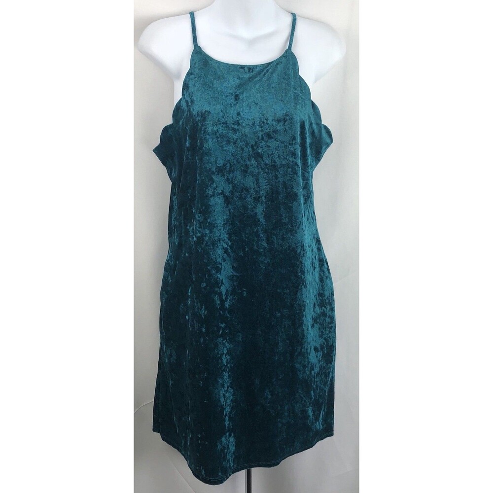 vintage halter slip dress m green velour velvet scallop trim Y2K fairy club
